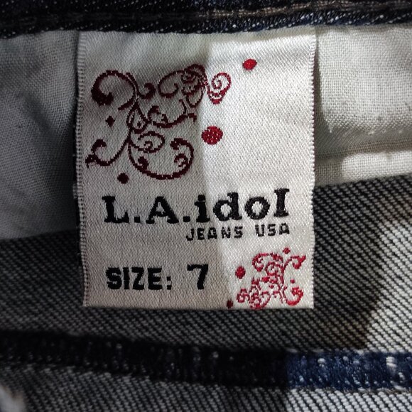 L.A.Idol flare jeans women's junior size 7 dark wash blue rhinestones decor - Picture 7 of 15